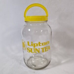 Lipton Sun Tea Glass Jar Jug 1 Gallon Clear Yellow Vintage Logo Handle Lid Retro
